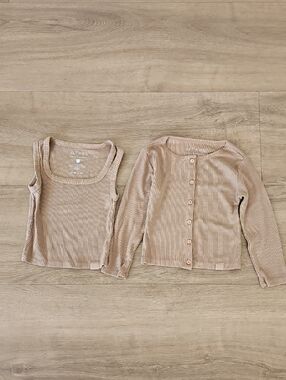 Set Active Ribbed Tank & Button Cardigan Set in Tan Modal Cotton Girls 2-3T